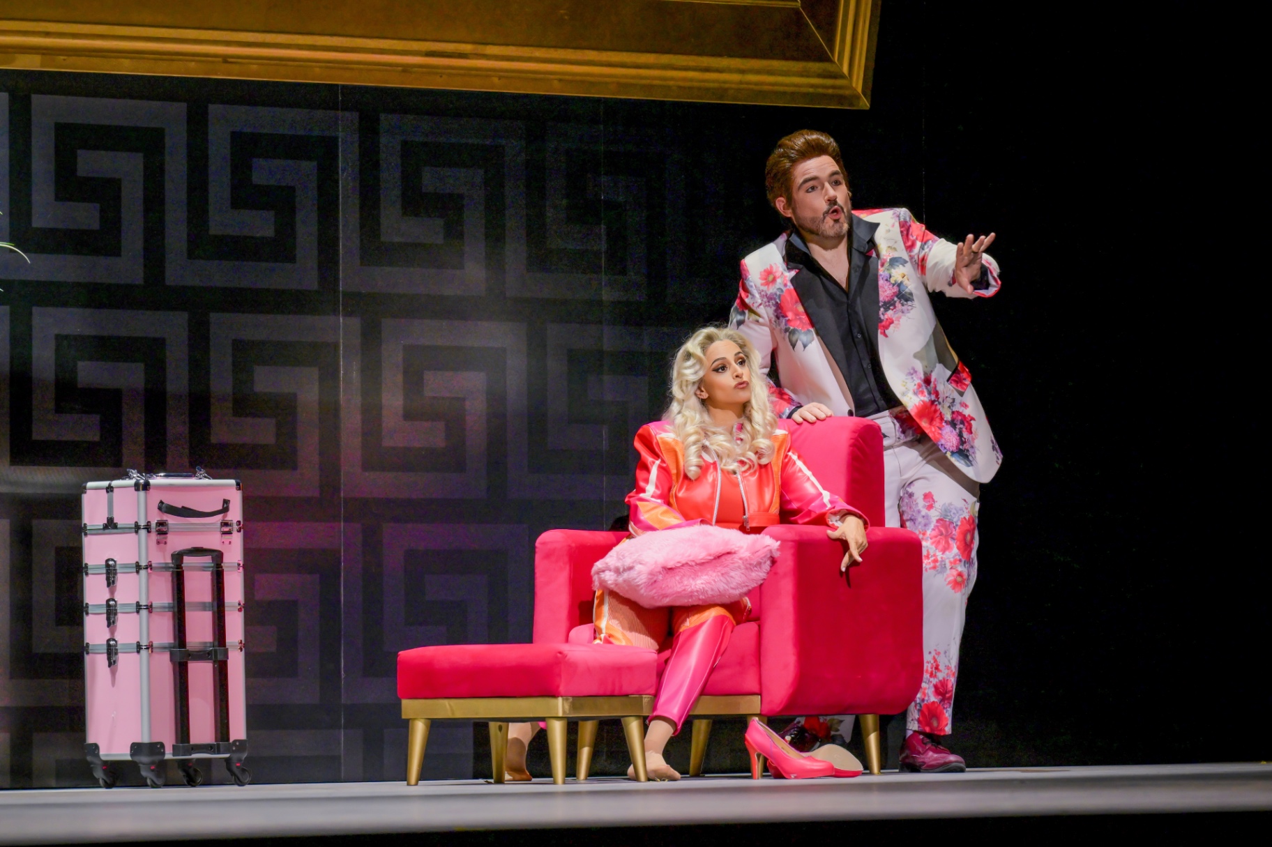 Hila Fahima, Zerbinetta in Ariadne auf Naxos, Tel Aviv Opera 2025 — seated in a pink armchair, photo by Aviad Tevel